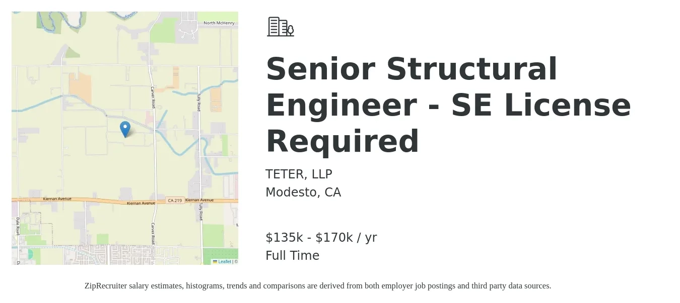 TETER, Inc job posting for a Senior Structural Engineer - SE License Required in Modesto, CA with a salary of $135,000 to $170,000 Yearly with a map of Modesto location.