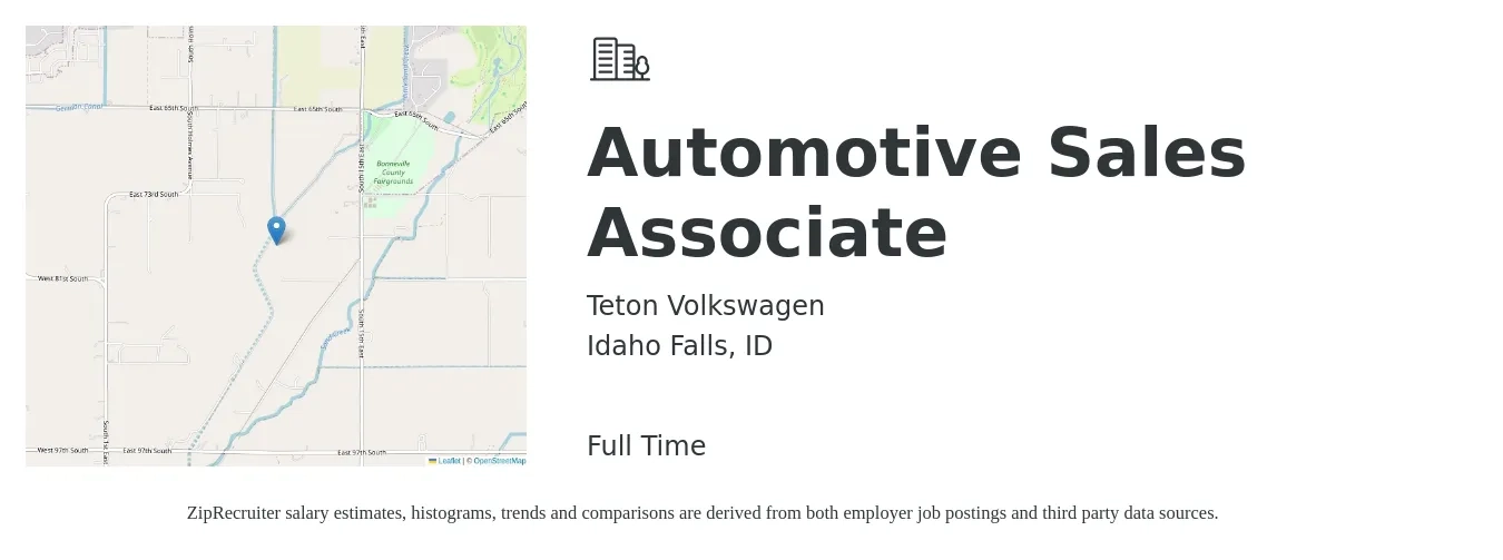 Teton Volkswagen job posting for a Automotive Sales Associate in Idaho Falls, ID with a salary of $16 to $25 Hourly with a map of Idaho Falls location.