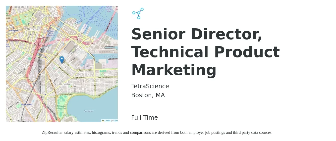 TetraScience job posting for a Senior Director, Technical Product Marketing in Boston, MA with a salary of $131,500 to $172,200 Yearly with a map of Boston location.