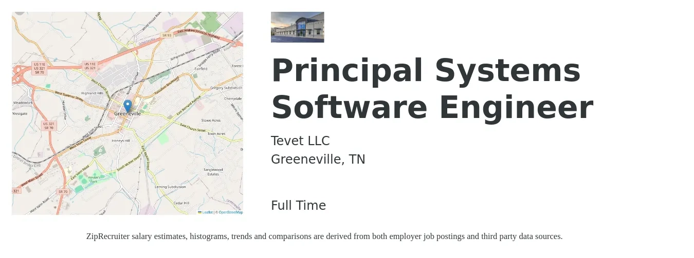 Tevet LLC job posting for a Principal Systems Software Engineer in Greeneville, TN with a salary of $106,200 to $154,900 Yearly with a map of Greeneville location.