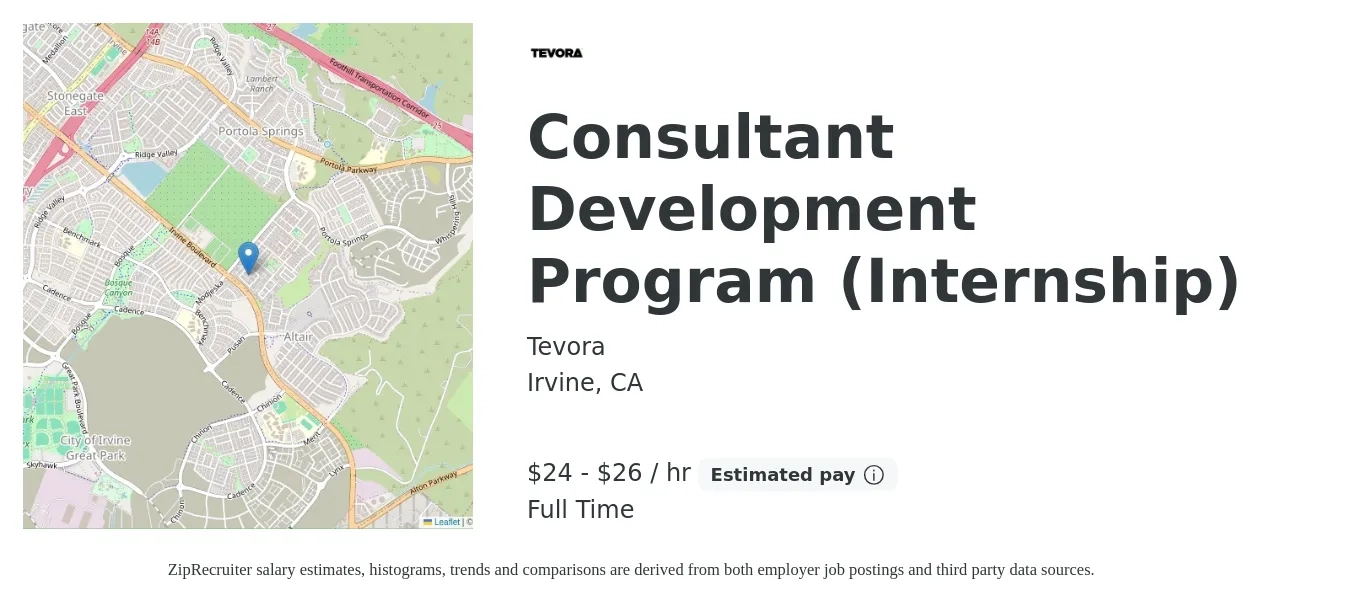 Tevora job posting for a Consultant Development Program (Internship) in Irvine, CA with a salary of $25 to $28 Hourly with a map of Irvine location.