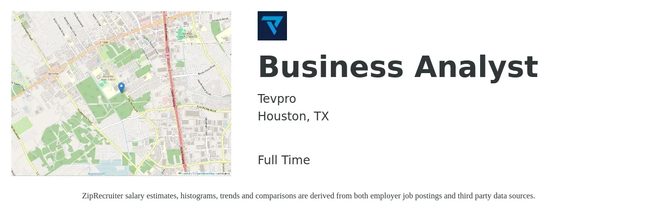 Tevpro job posting for a Business Analyst in Houston, TX with a salary of $35 to $59 Hourly with a map of Houston location.