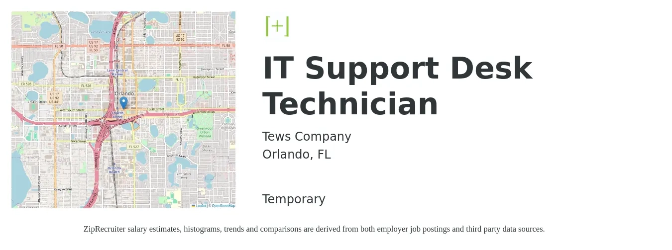 Tews Company job posting for a IT Support Desk Technician in Orlando, FL with a salary of $20 to $28 Hourly with a map of Orlando location.