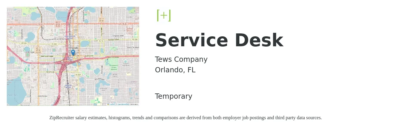 Tews Company job posting for a Service Desk in Orlando, FL with a salary of $19 to $26 Hourly with a map of Orlando location.