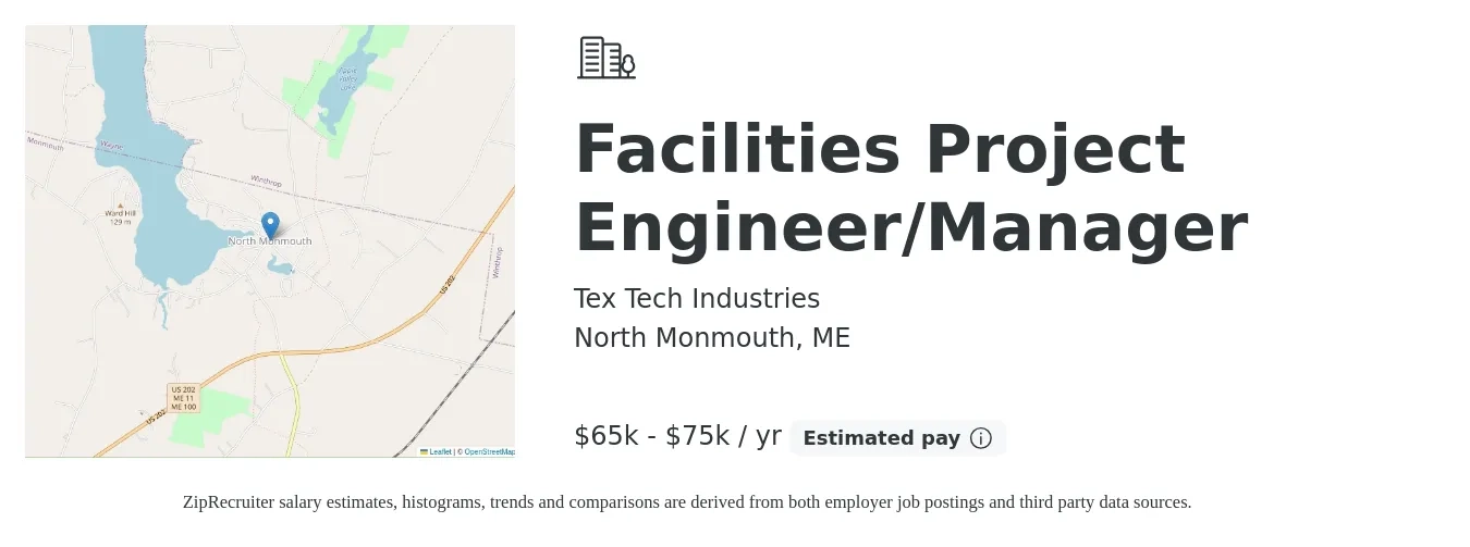 Tex Tech Industries job posting for a Facilities Project Engineer/Manager in North Monmouth, ME with a salary of $65,000 to $75,000 Yearly with a map of North Monmouth location.
