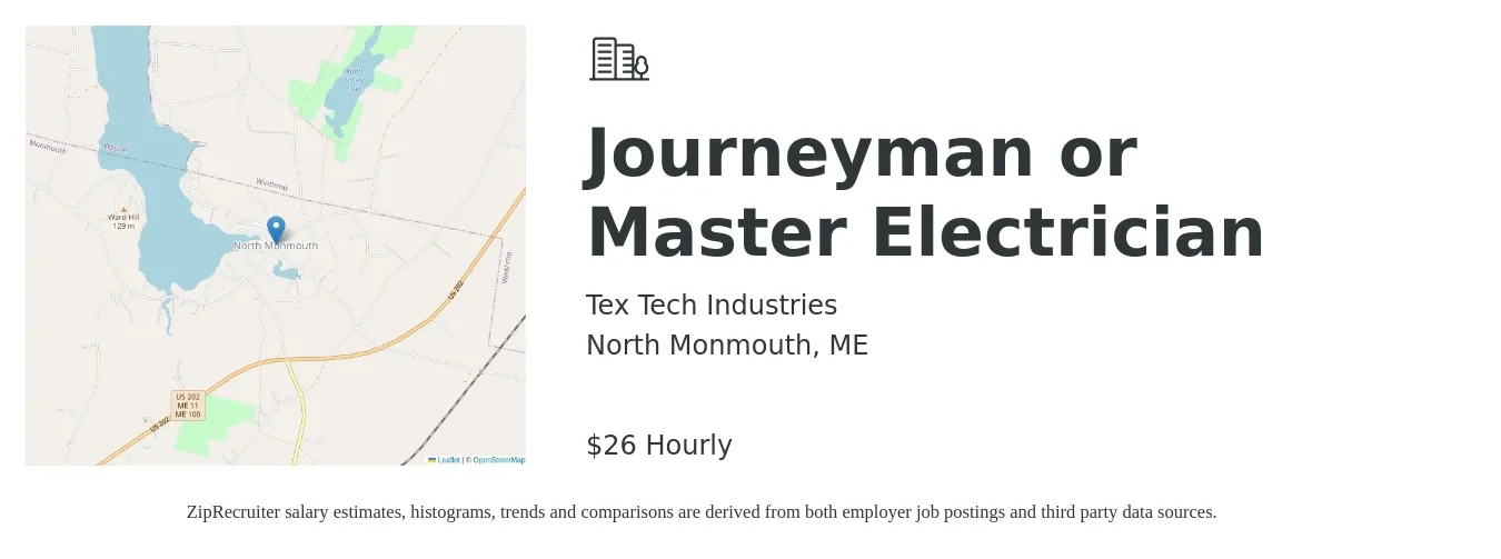 Tex Tech Industries job posting for a Journeyman or Master Electrician in North Monmouth, ME with a salary of $28 Hourly with a map of North Monmouth location.