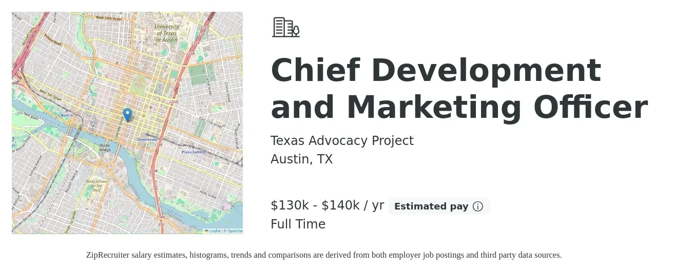 Texas Advocacy Project job posting for a Chief Development and Marketing Officer in Austin, TX with a salary of $130,000 to $140,000 Yearly with a map of Austin location.