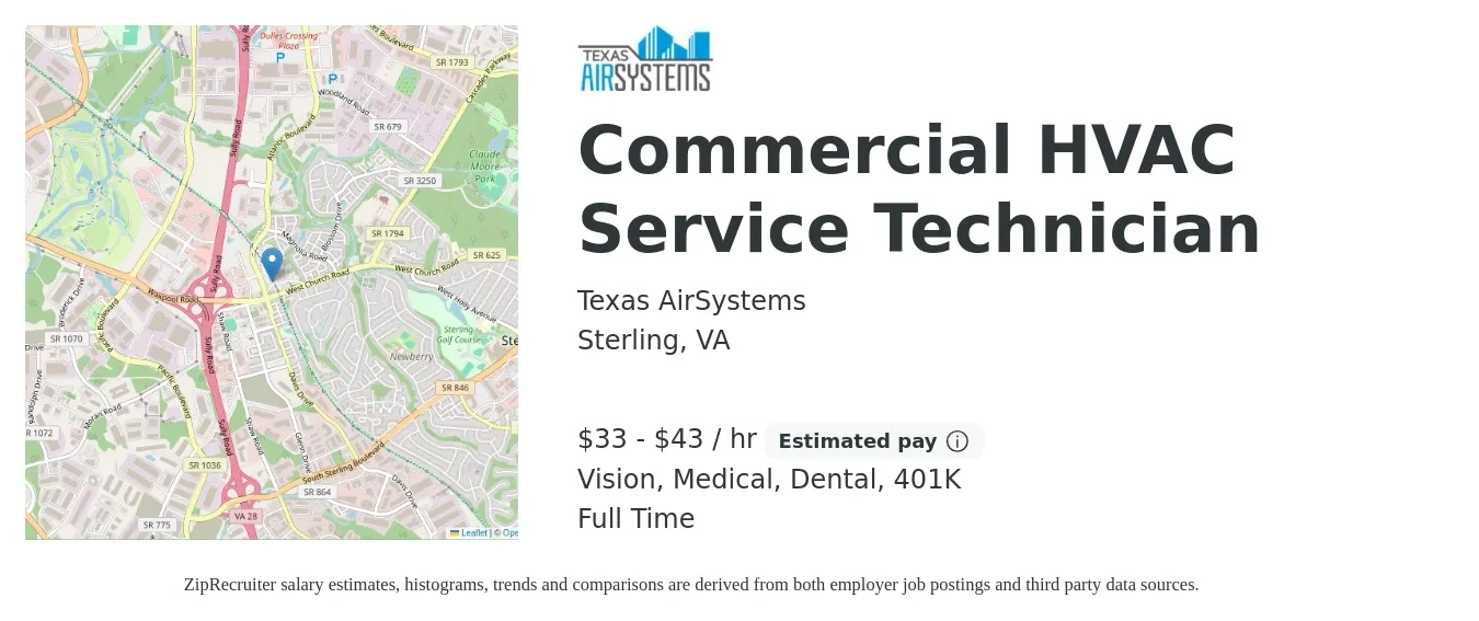 Texas AirSystems job posting for a Commercial HVAC Service Technician in Sterling, VA with a salary of $35 to $45 Hourly and benefits including medical, vision, 401k, dental, and life_insurance with a map of Sterling location.