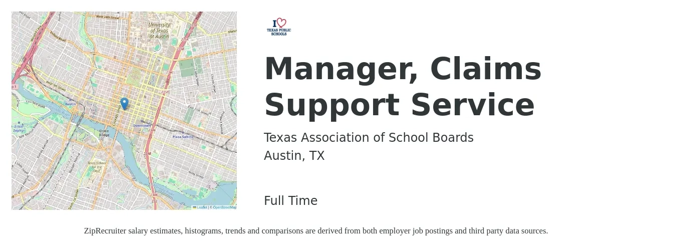 Texas Association of School Boards job posting for a Manager, Claims Support Service in Austin, TX with a salary of $67,400 to $104,100 Yearly with a map of Austin location.