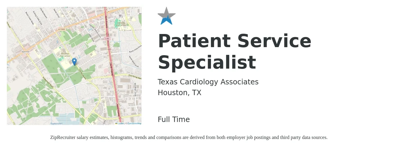 Texas Cardiology Associates job posting for a Patient Service Specialist in Houston, TX with a salary of $14 to $19 Hourly with a map of Houston location.