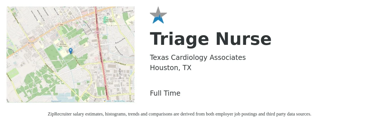 Texas Cardiology Associates job posting for a Triage Nurse in Houston, TX with a salary of $22 to $33 Hourly with a map of Houston location.