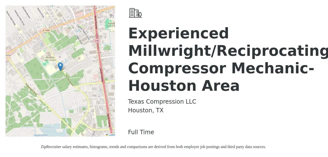 Texas Compression LLC job posting for a Experienced Millwright/Reciprocating Compressor Mechanic- Houston Area in Houston, TX with a salary of $23 to $29 Hourly with a map of Houston location.