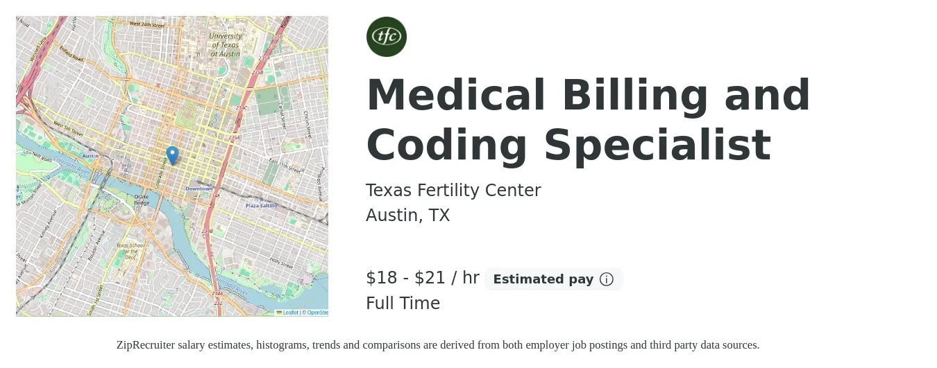 Texas Fertility Center job posting for a Medical Billing and Coding Specialist in Austin, TX with a salary of $41,000 to $46,000 Yearly with a map of Austin location.