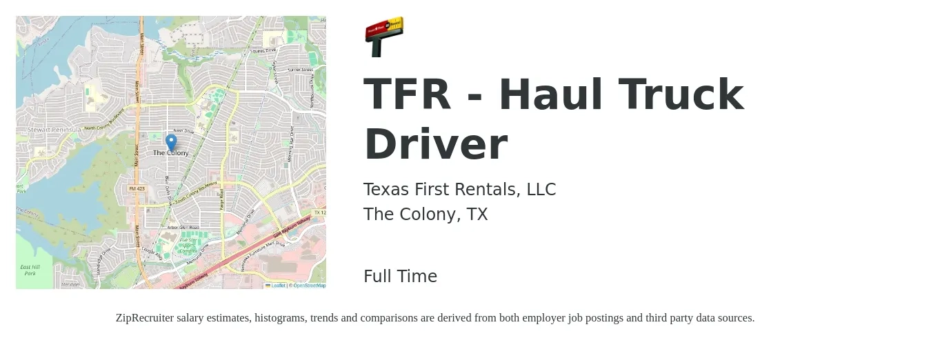 Texas First Rentals, LLC job posting for a TFR - Haul Truck Driver in The Colony, TX with a salary of $23 to $42 Hourly with a map of The Colony location.