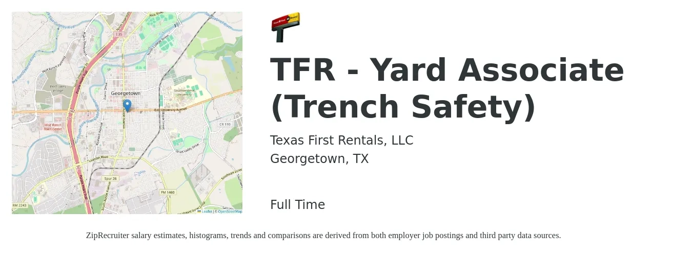 Texas First Rentals, LLC job posting for a TFR - Yard Associate (Trench Safety) in Georgetown, TX with a salary of $14 to $18 Hourly with a map of Georgetown location.