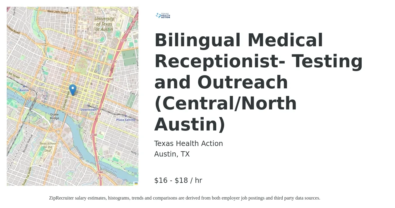 Texas Health Action job posting for a Bilingual Medical Receptionist- Testing and Outreach (Central/North Austin) in Austin, TX with a salary of $18 to $19 Hourly with a map of Austin location.