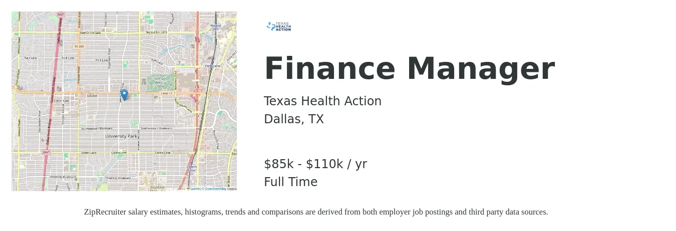 Texas Health Action job posting for a Finance Manager in Dallas, TX with a salary of $85,000 to $110,000 Yearly with a map of Dallas location.