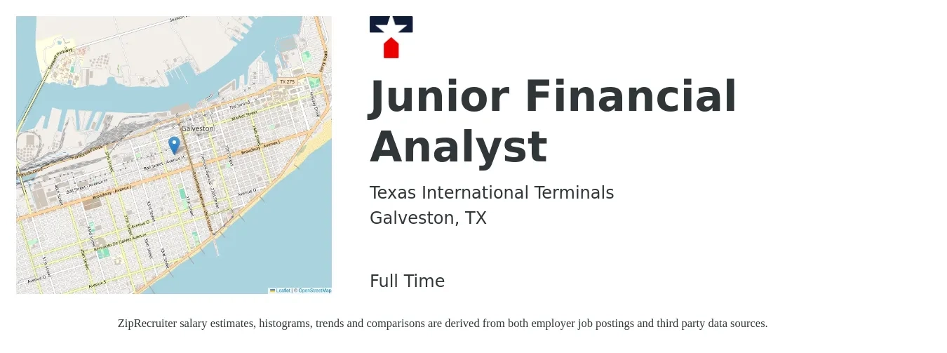 Texas International Terminals job posting for a Junior Financial Analyst in Galveston, TX with a salary of $20 to $30 Hourly with a map of Galveston location.