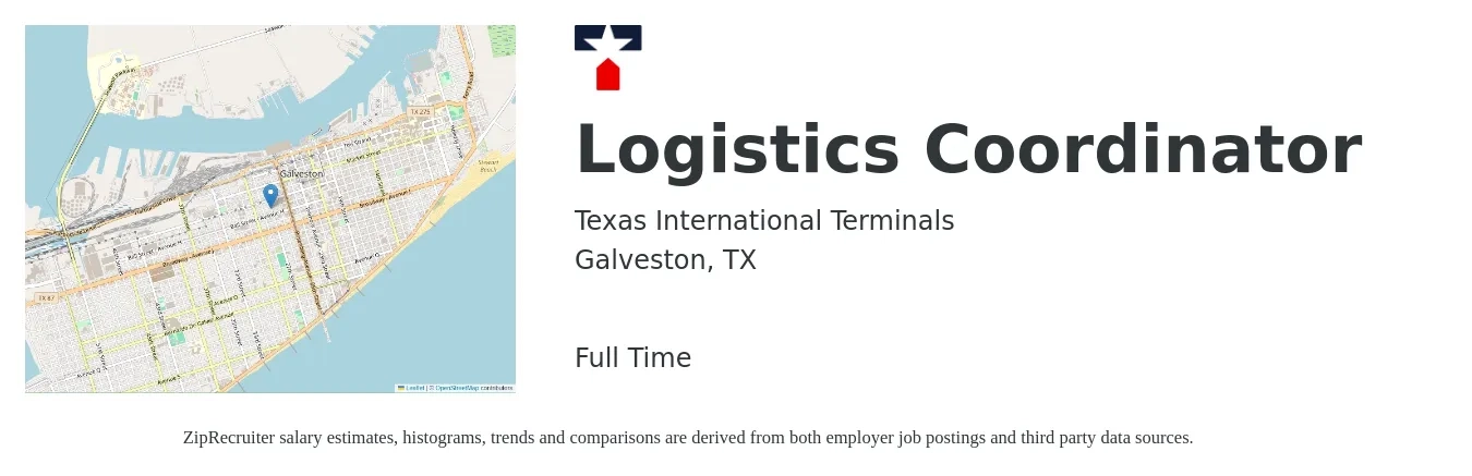 Texas International Terminals job posting for a Logistics Coordinator in Galveston, TX with a salary of $18 to $24 Hourly with a map of Galveston location.