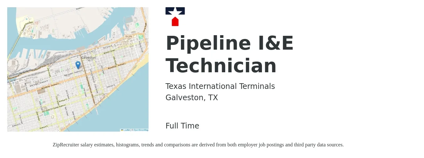 Texas International Terminals job posting for a Pipeline I&E Technician in Galveston, TX with a salary of $30 to $42 Hourly with a map of Galveston location.