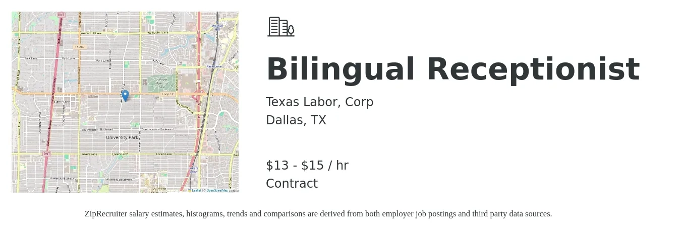 Texas Labor, Corp job posting for a Bilingual Receptionist in Dallas, TX with a salary of $14 to $16 Hourly with a map of Dallas location.