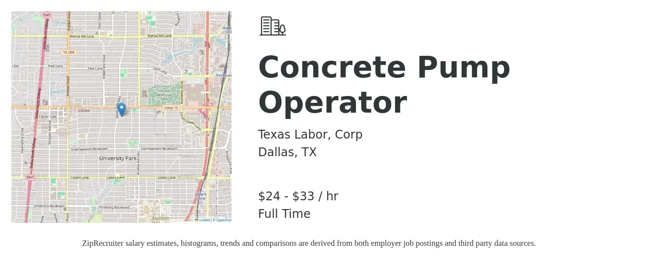 Texas Labor, Corp job posting for a Concrete Pump Operator in Dallas, TX with a salary of $25 to $35 Hourly with a map of Dallas location.