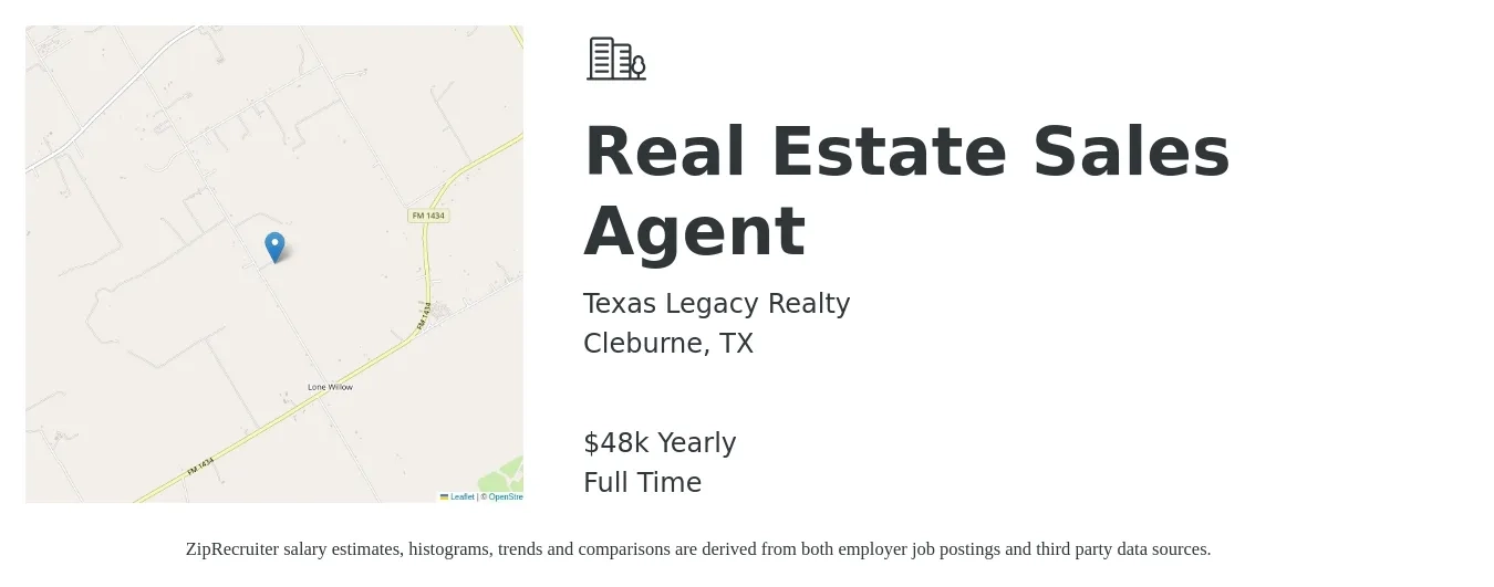 Texas Legacy Realty job posting for a Real Estate Sales Agent in Cleburne, TX with a salary of $48,227 Yearly with a map of Cleburne location.
