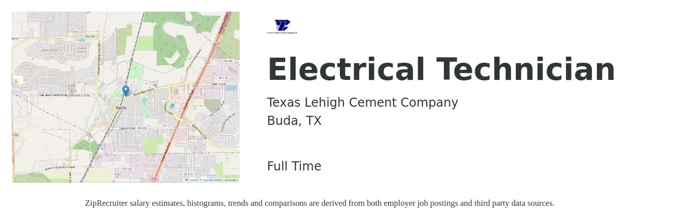 Texas Lehigh Cement Company job posting for a Electrical Technician in Buda, TX with a salary of $32 to $35 Hourly with a map of Buda location.