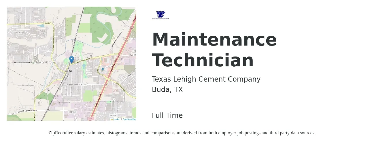 Texas Lehigh Cement Company job posting for a Maintenance Technician in Buda, TX with a salary of $28 to $30 Hourly with a map of Buda location.