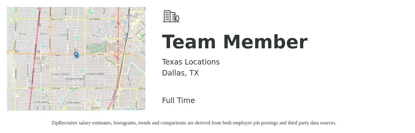 Texas Locations job posting for a Team Member in Dallas, TX with a salary of $12 to $16 Hourly with a map of Dallas location.