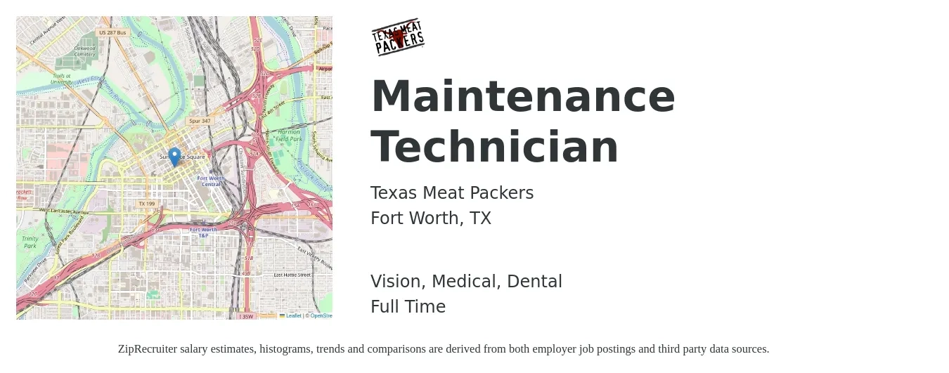 Texas Meat Packers job posting for a Maintenance Technician in Fort Worth, TX with a salary of $18 to $26 Hourly and benefits including pto, vision, dental, life_insurance, and medical with a map of Fort Worth location.