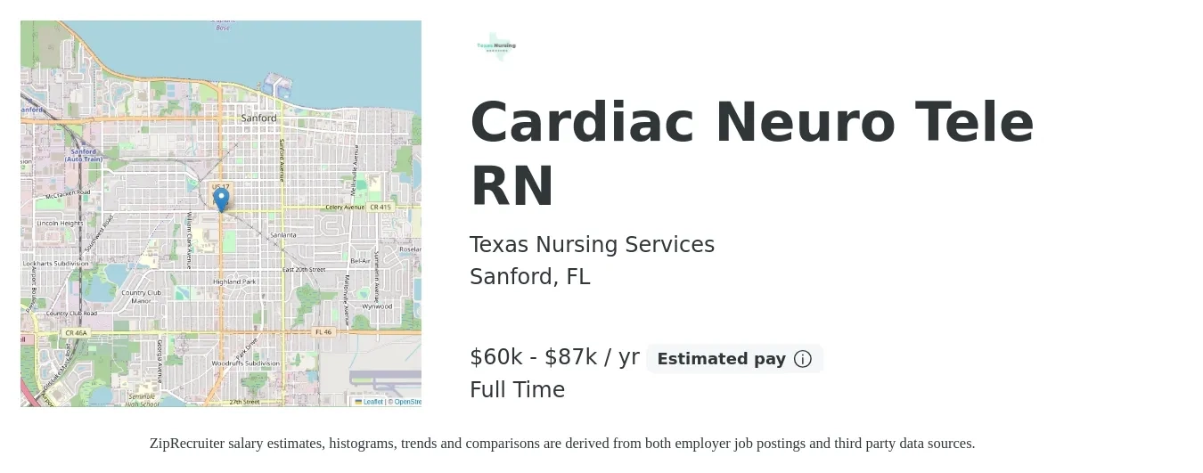Texas Nursing Services job posting for a Cardiac Neuro Tele RN in Sanford, FL with a salary of $60,320 to $87,526 Yearly with a map of Sanford location.