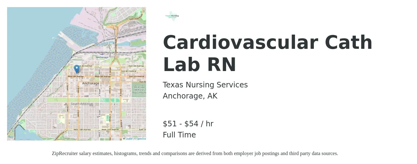 Texas Nursing Services job posting for a Cardiovascular Cath Lab RN in Anchorage, AK with a salary of $92,000 to $130,000 Yearly with a map of Anchorage location.