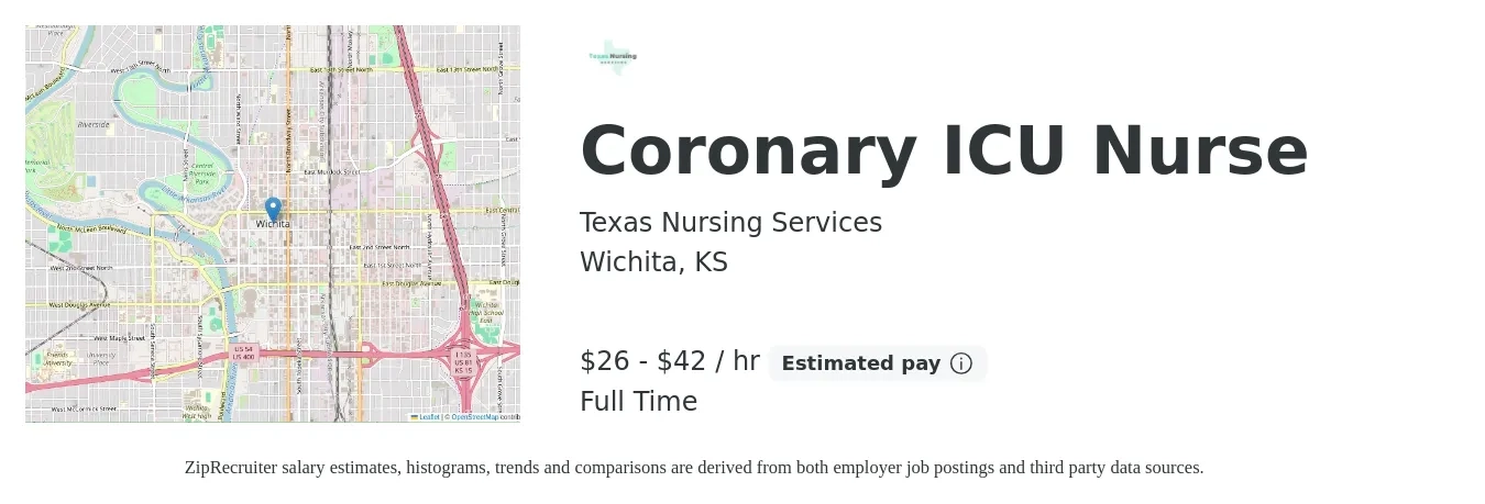 Texas Nursing Services job posting for a Coronary ICU Nurse in Wichita, KS with a salary of $28 to $44 Hourly with a map of Wichita location.