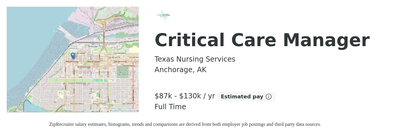 Texas Nursing Services job posting for a Critical Care Manager in Anchorage, AK with a salary of $87,339 to $130,998 Yearly with a map of Anchorage location.