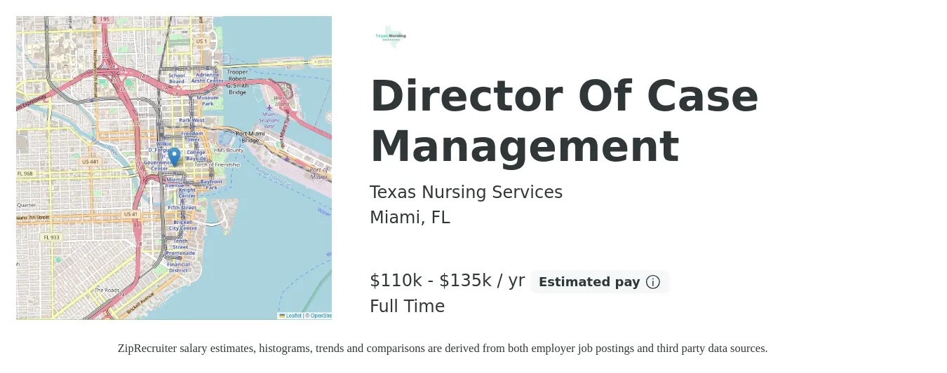 Texas Nursing Services job posting for a Director Of Case Management in Miami, FL with a salary of $110,000 to $135,000 Yearly with a map of Miami location.