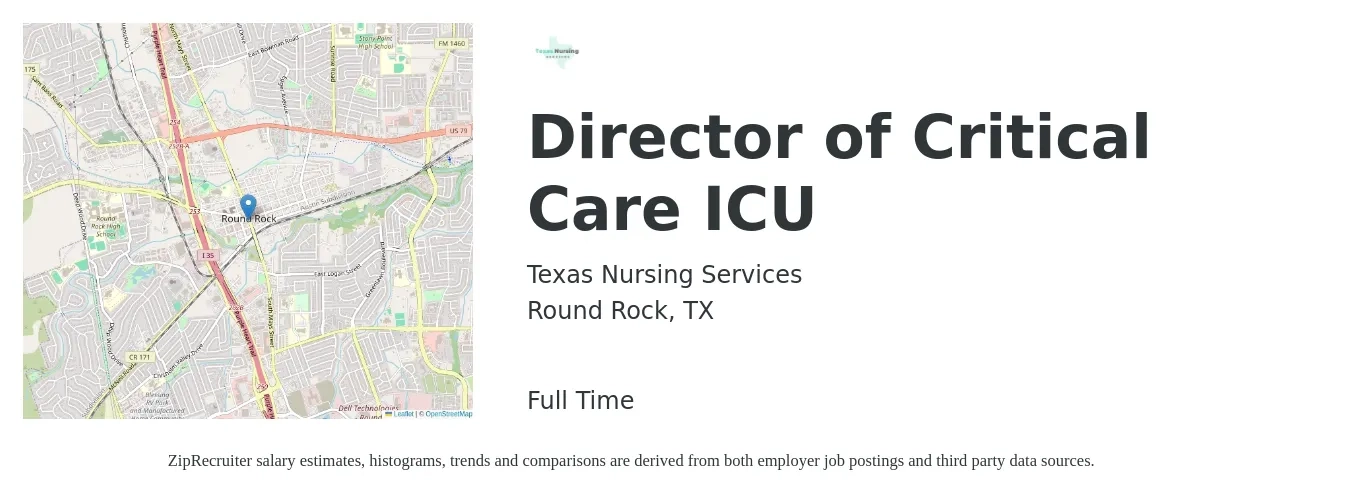 Texas Nursing Services job posting for a Director of Critical Care ICU in Round Rock, TX with a salary of $173,000 to $250,000 Yearly with a map of Round Rock location.