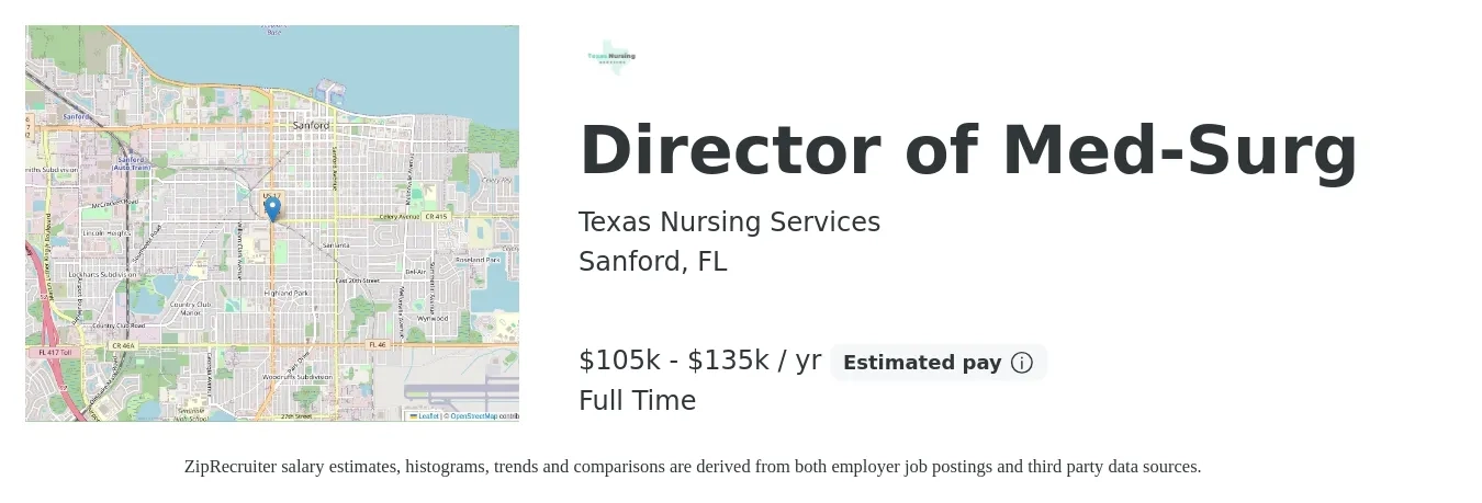 Texas Nursing Services job posting for a Director of Med-Surg in Sanford, FL with a salary of $105,000 to $135,000 Yearly with a map of Sanford location.
