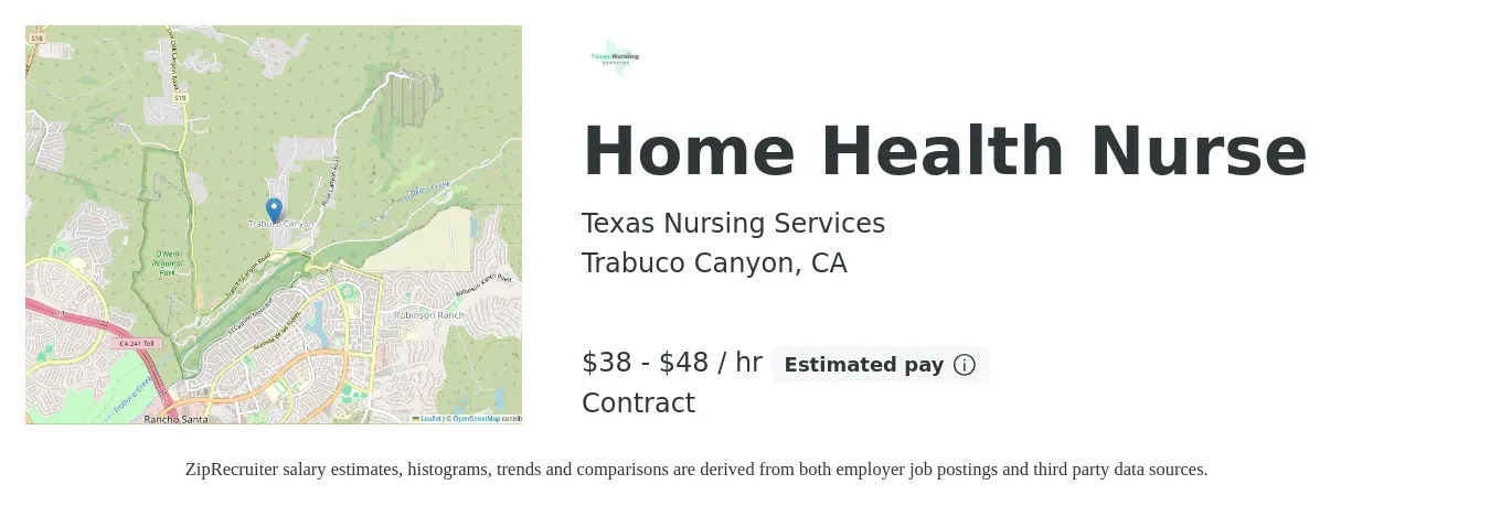 Texas Nursing Services job posting for a Home Health Nurse in Trabuco Canyon, CA with a salary of $40 to $50 Hourly with a map of Trabuco Canyon location.