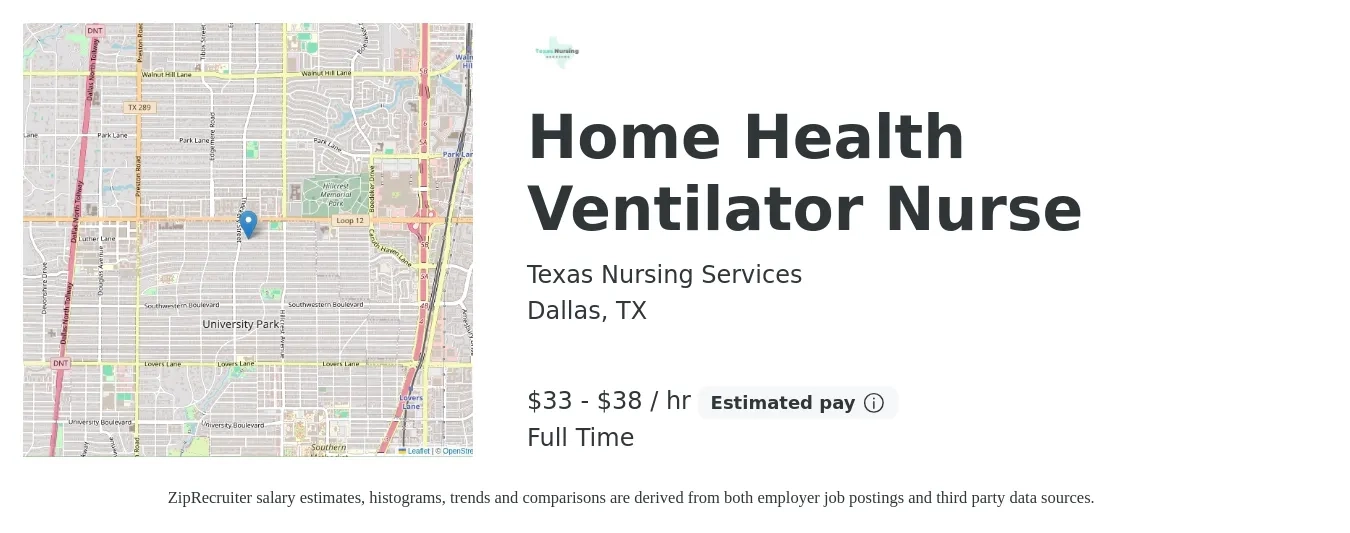 Texas Nursing Services job posting for a Home Health Ventilator Nurse in Dallas, TX with a salary of $35 to $40 Hourly with a map of Dallas location.