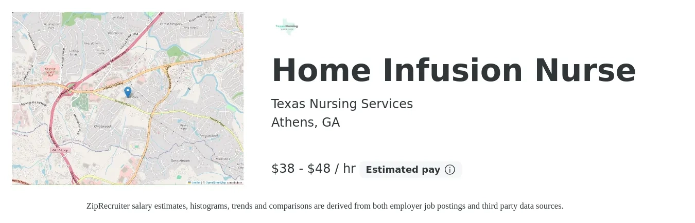 Texas Nursing Services job posting for a Home Infusion Nurse in Athens, GA with a salary of $40 to $50 Hourly with a map of Athens location.