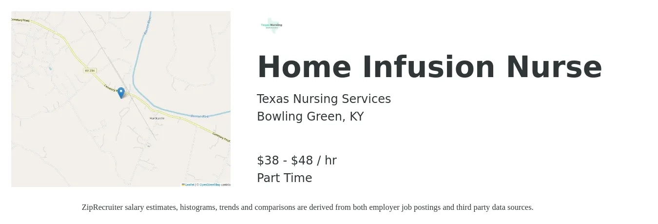 Texas Nursing Services job posting for a Home Infusion Nurse in Bowling Green, KY with a salary of $40 to $50 Hourly with a map of Bowling Green location.
