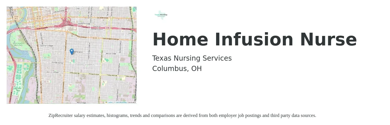 Texas Nursing Services job posting for a Home Infusion Nurse in Columbus, OH with a salary of $40 to $50 Daily with a map of Columbus location.