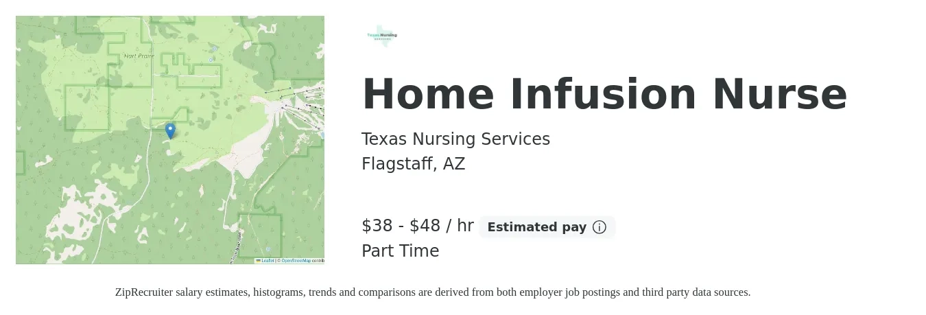 Texas Nursing Services job posting for a Home Infusion Nurse in Flagstaff, AZ with a salary of $40 to $50 Hourly with a map of Flagstaff location.