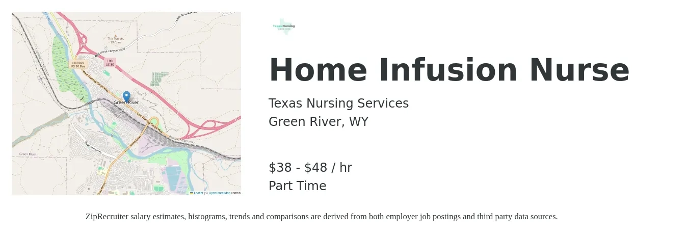 Texas Nursing Services job posting for a Home Infusion Nurse in Green River, WY with a salary of $40 to $50 Hourly with a map of Green River location.