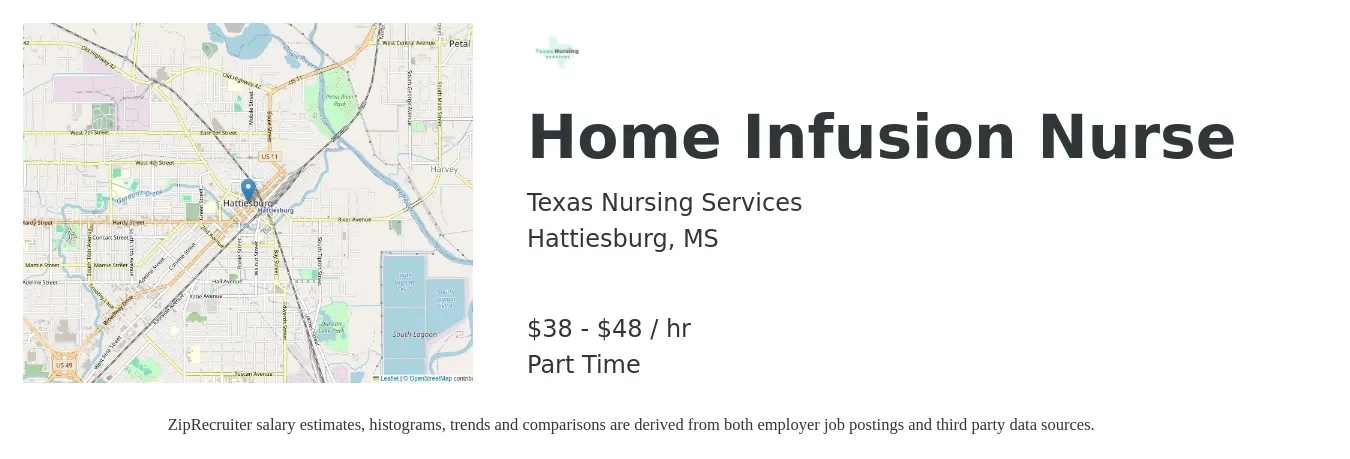 Texas Nursing Services job posting for a Home Infusion Nurse in Hattiesburg, MS with a salary of $40 to $50 Hourly with a map of Hattiesburg location.
