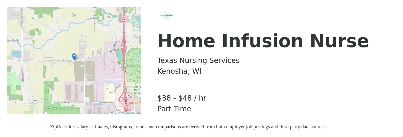 Texas Nursing Services job posting for a Home Infusion Nurse in Kenosha, WI with a salary of $40 to $50 Hourly with a map of Kenosha location.
