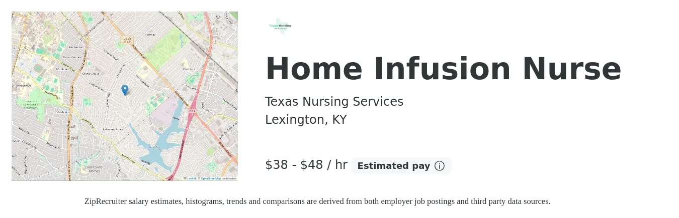 Texas Nursing Services job posting for a Home Infusion Nurse in Lexington, KY with a salary of $40 to $50 Hourly with a map of Lexington location.