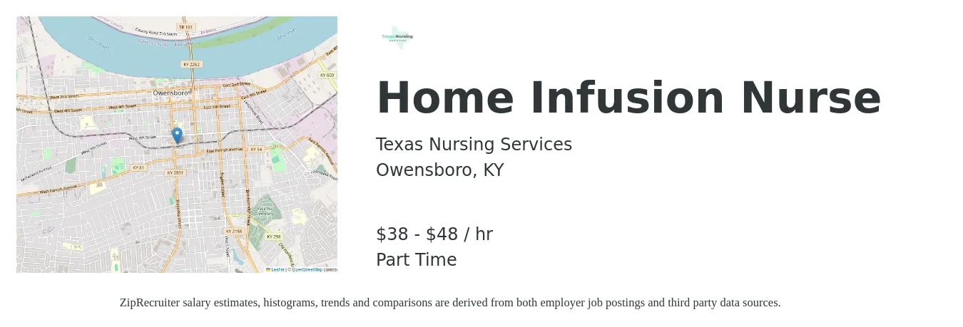 Texas Nursing Services job posting for a Home Infusion Nurse in Owensboro, KY with a salary of $40 to $50 Hourly with a map of Owensboro location.