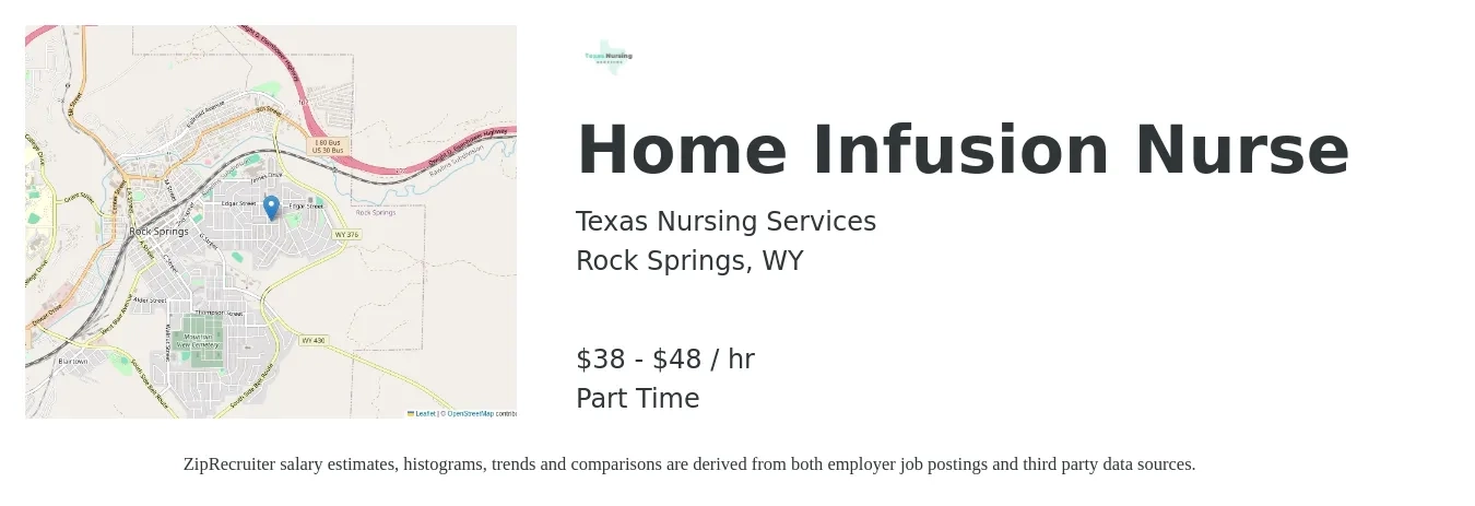 Texas Nursing Services job posting for a Home Infusion Nurse in Rock Springs, WY with a salary of $40 to $50 Hourly with a map of Rock Springs location.